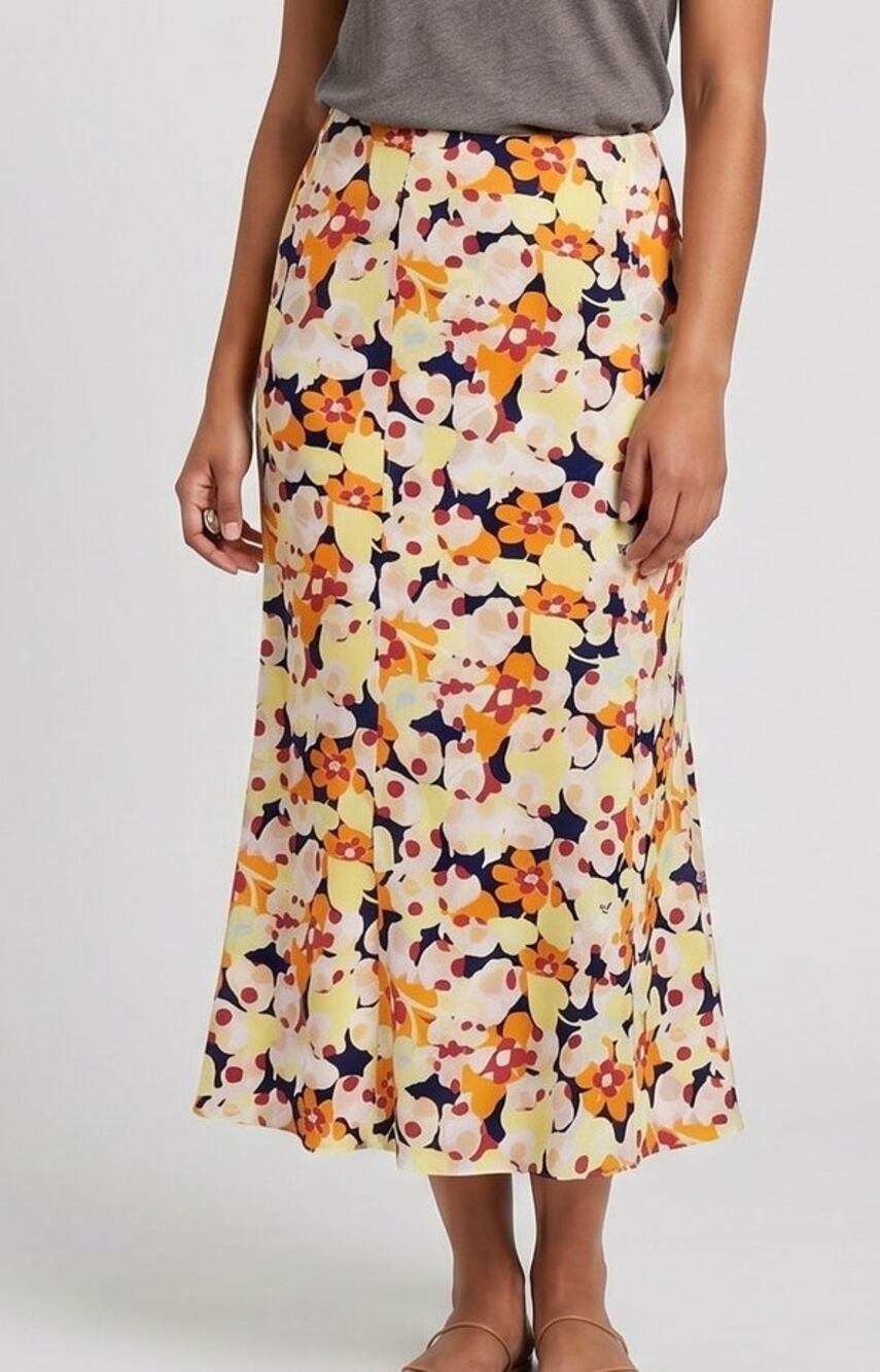 Talbots 8 Yellow Orange Navy Floral Side Zipper Midi Skirt Cotton Tencel Lyocell